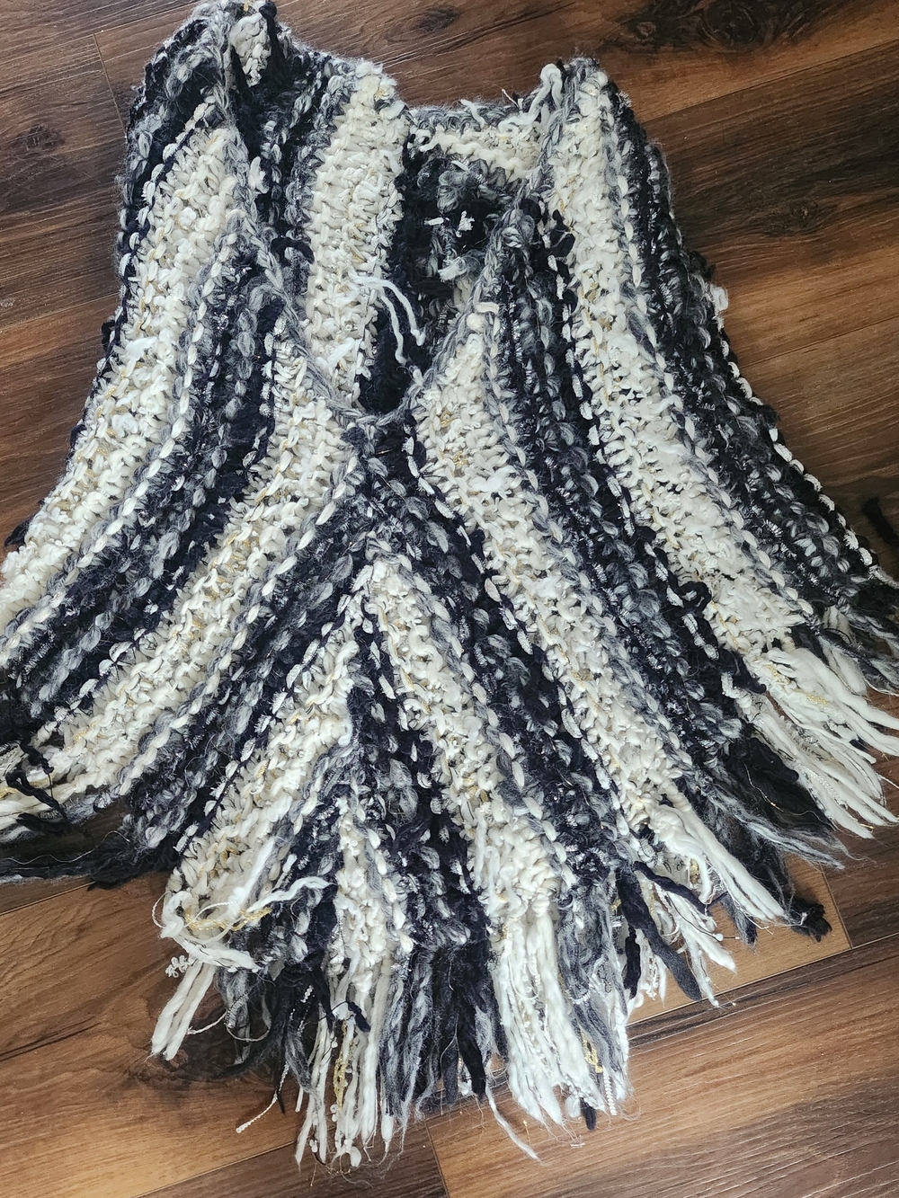 Free People Black and Cream Textured Fringe Poncho